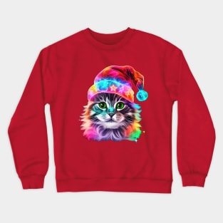 Bright Colorful Christmas Cat in a Santa Hat - Meowy Catmas Crewneck Sweatshirt